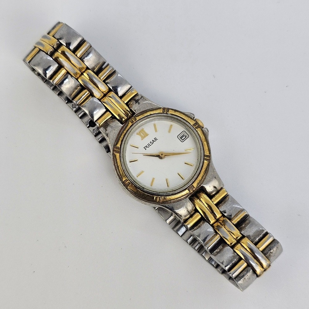 Pulsar Women's Watch 24MM White‎ Dial Date Two Tone Bracelet 6" New Battery